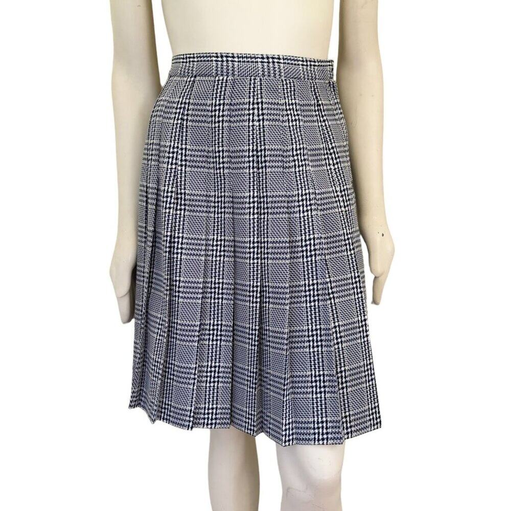 VTG 80s RAFAEL Houndstooth Plaid Pleated Skirt in Navy Blue & White  SZ 4